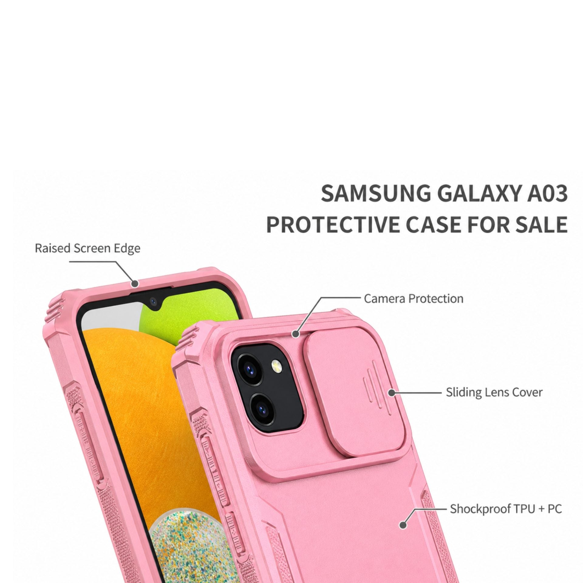 Husa Defender cu Stand pentru Samsung Galaxy A03, Roz, Suport reglabil, Antisoc, Protectie glisanta pentru camera