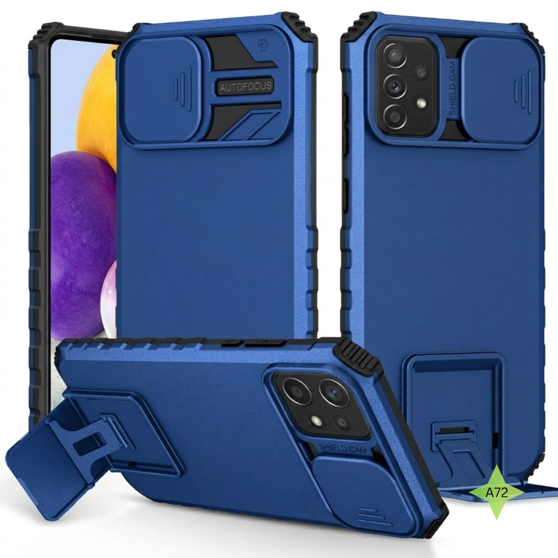 Husa Defender cu Stand pentru Samsung Galaxy A72 4G/ 5G, Albastru, Suport reglabil, Antisoc, Protectie glisanta pentru camera