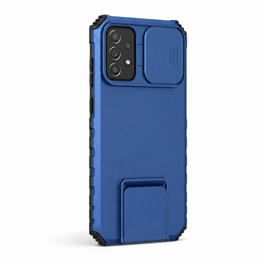 Husa Defender cu Stand pentru Samsung Galaxy A72 4G/ 5G, Albastru, Suport reglabil, Antisoc, Protectie glisanta pentru camera