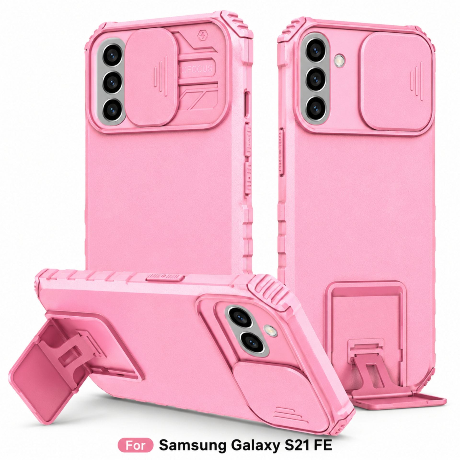 Husa Defender cu Stand pentru Samsung Galaxy S21 FE, Roz, Suport reglabil, Antisoc, Protectie glisanta pentru camera
