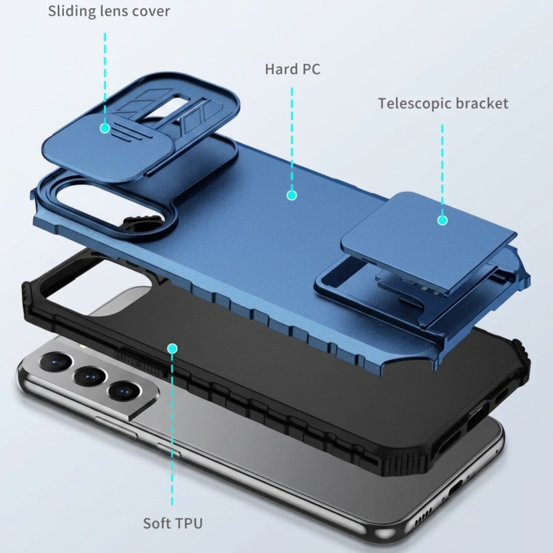 Husa Defender cu Stand pentru Samsung Galaxy S22 Plus, Albastru, Suport reglabil, Antisoc, Protectie glisanta pentru camera