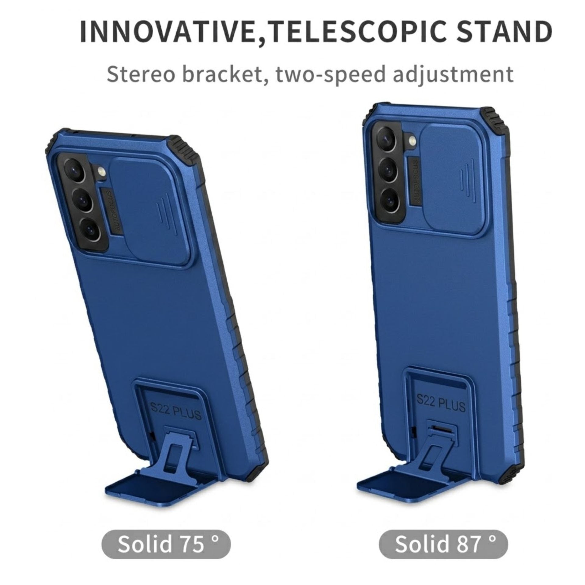 Husa Defender cu Stand pentru Samsung Galaxy S22 Plus, Albastru, Suport reglabil, Antisoc, Protectie glisanta pentru camera