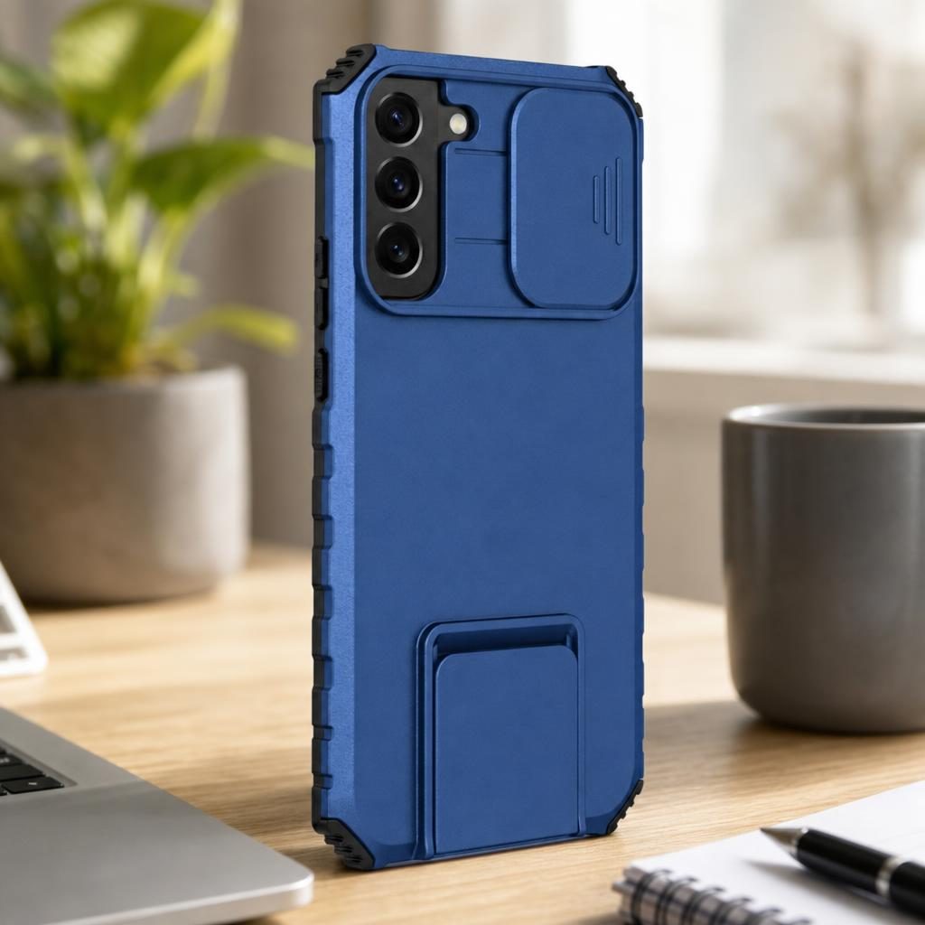 Husa Defender cu Stand pentru Samsung Galaxy S22 Plus, Albastru, Suport reglabil, Antisoc, Protectie glisanta pentru camera
