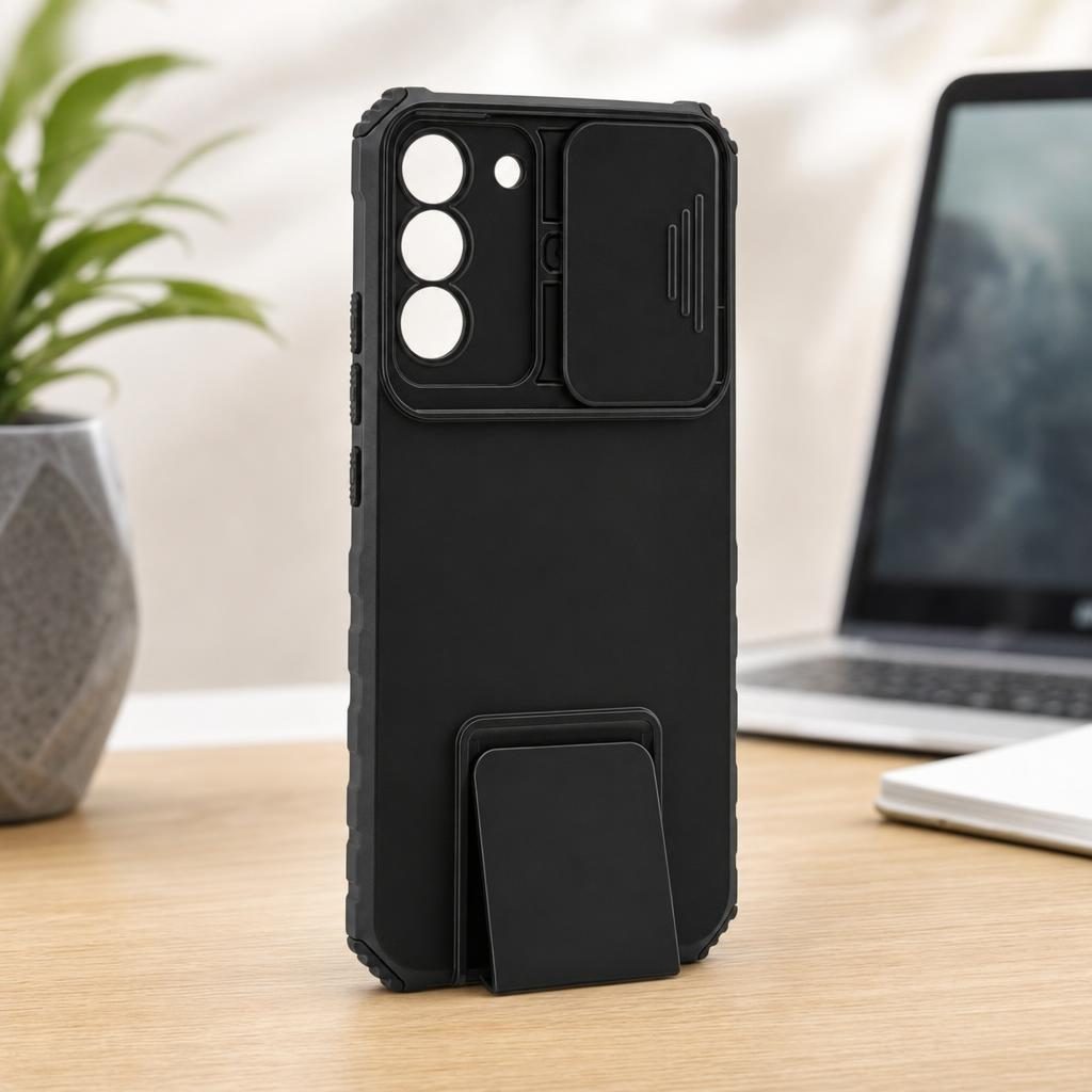 Husa de Protectie Defender, Compatibila cu Samsung Galaxy S22 Plus, cu Stand Reglabil Integrat, Protectie Glisanta pentru Camera, Antisoc si Antizgariere, Negru