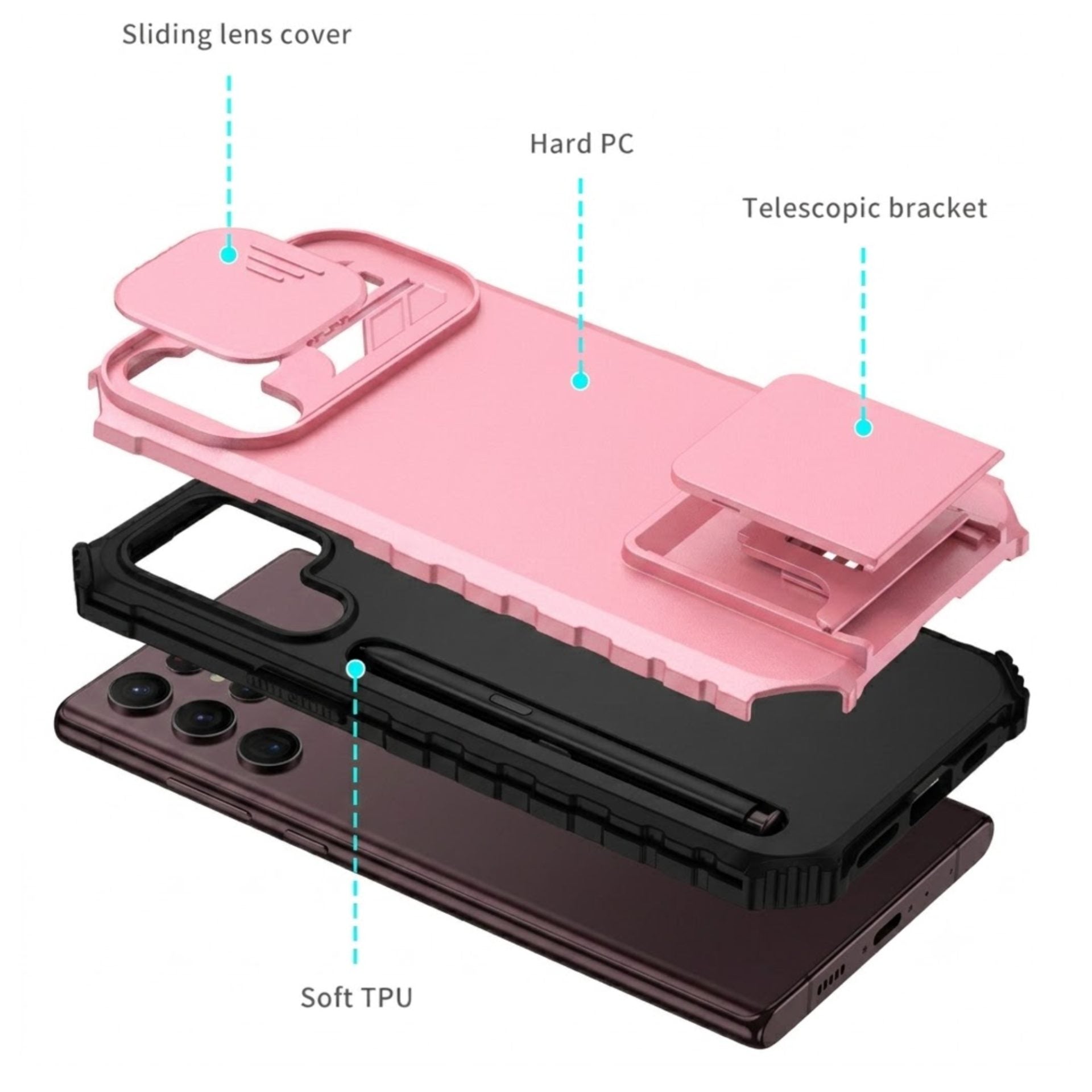 Husa Defender cu Stand pentru Samsung Galaxy S22 Ultra, Roz, Suport reglabil, Antisoc, Protectie glisanta pentru camera