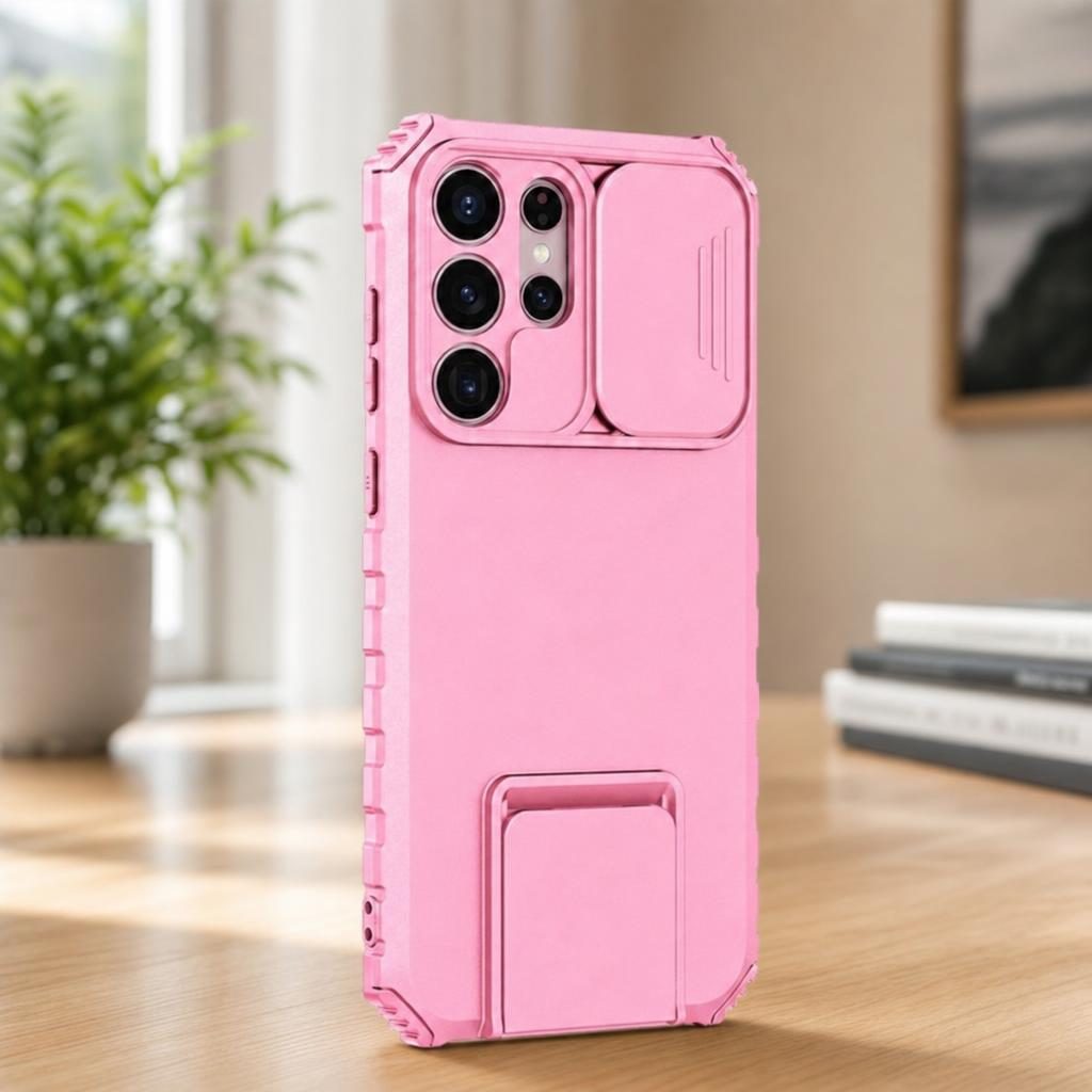 Husa Defender cu Stand pentru Samsung Galaxy S22 Ultra, Roz, Suport reglabil, Antisoc, Protectie glisanta pentru camera