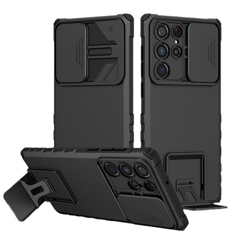 Husa Defender cu Stand pentru Samsung Galaxy S24 FE, Flippy, Suport reglabil, Antisoc, Protectie glisanta pentru camera, Negru