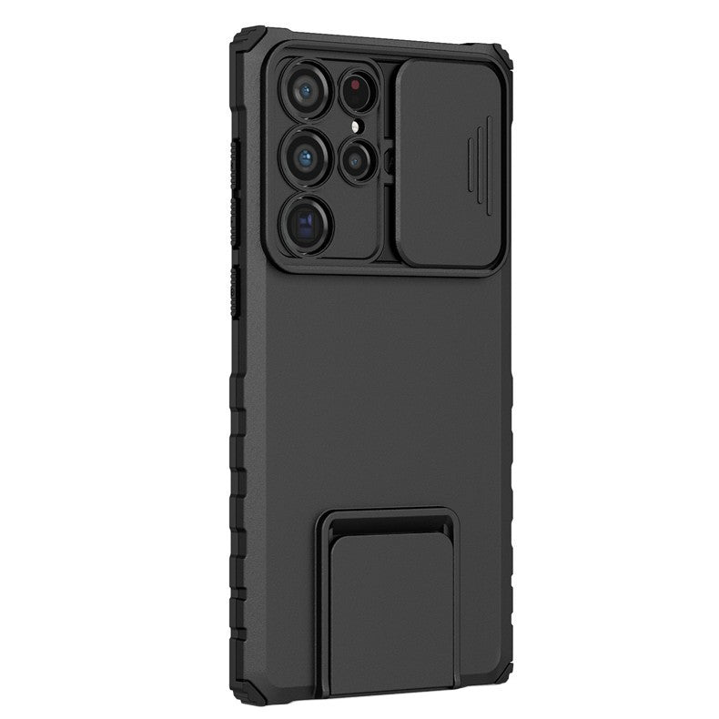 Husa Defender cu Stand pentru Samsung Galaxy S24 FE, Flippy, Suport reglabil, Antisoc, Protectie glisanta pentru camera, Negru