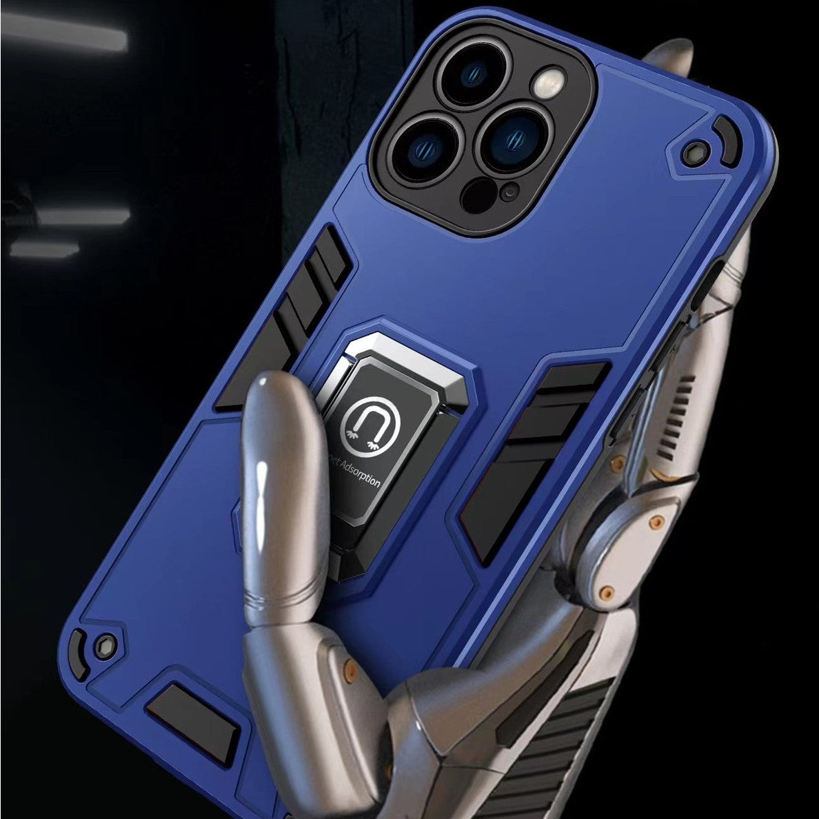 Husa Iron Warriors pentru iPhone 14 Pro Max, Hybrid Ring Holder Kickstand, Albastru inchis