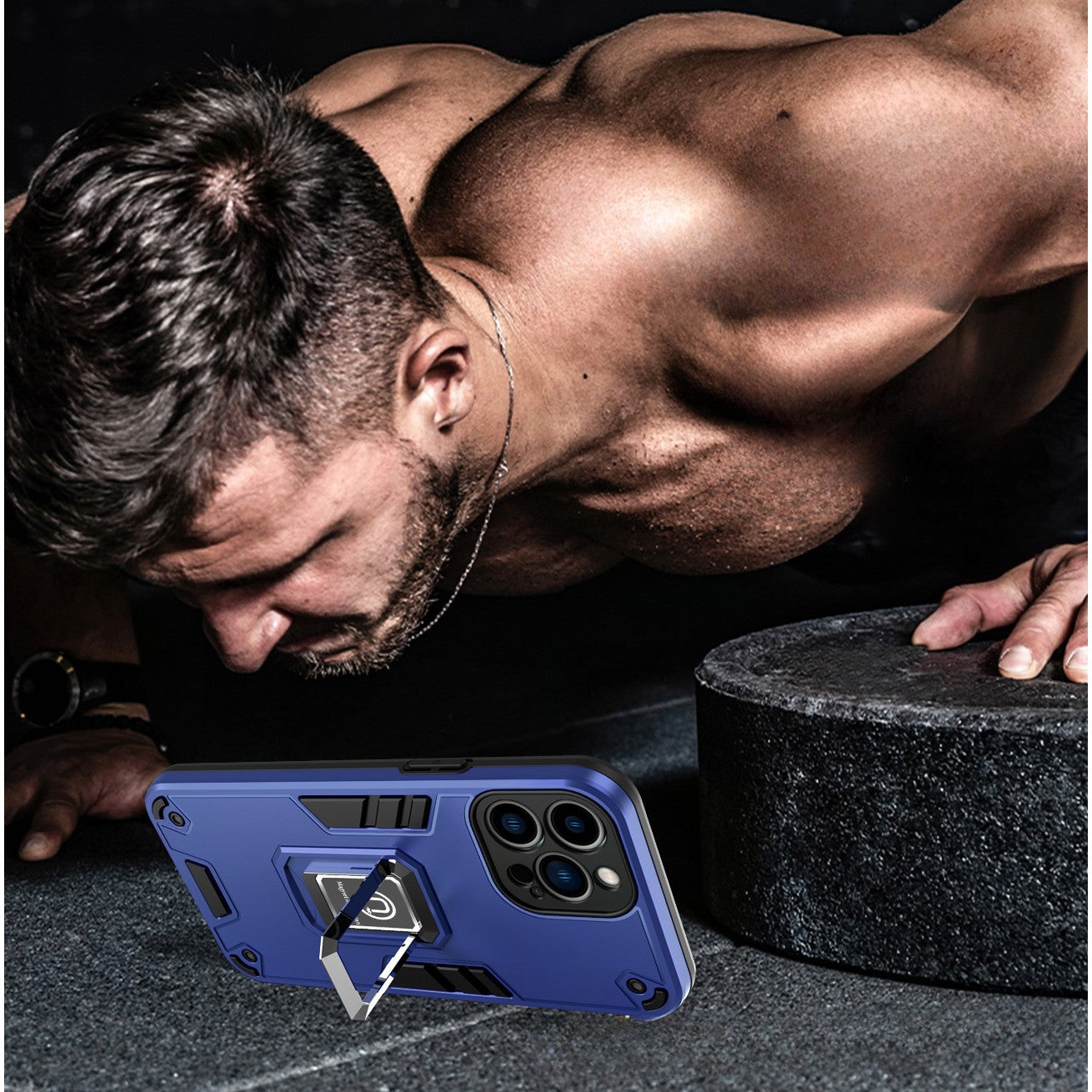 Husa Iron Warriors pentru iPhone 14 Pro Max, Hybrid Ring Holder Kickstand, Albastru inchis
