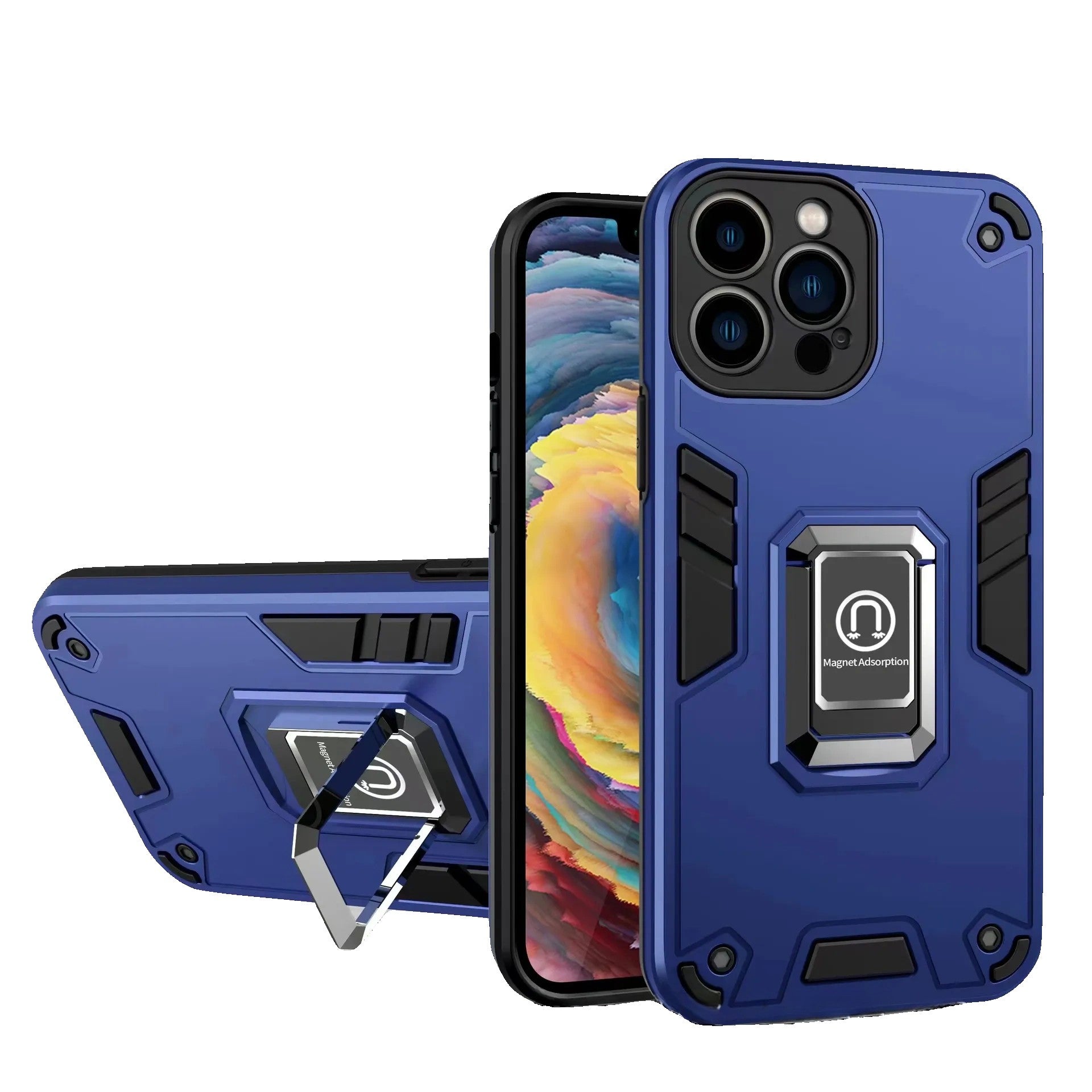 Husa Iron Warriors pentru iPhone 14 Pro Max, Hybrid Ring Holder Kickstand, Albastru inchis