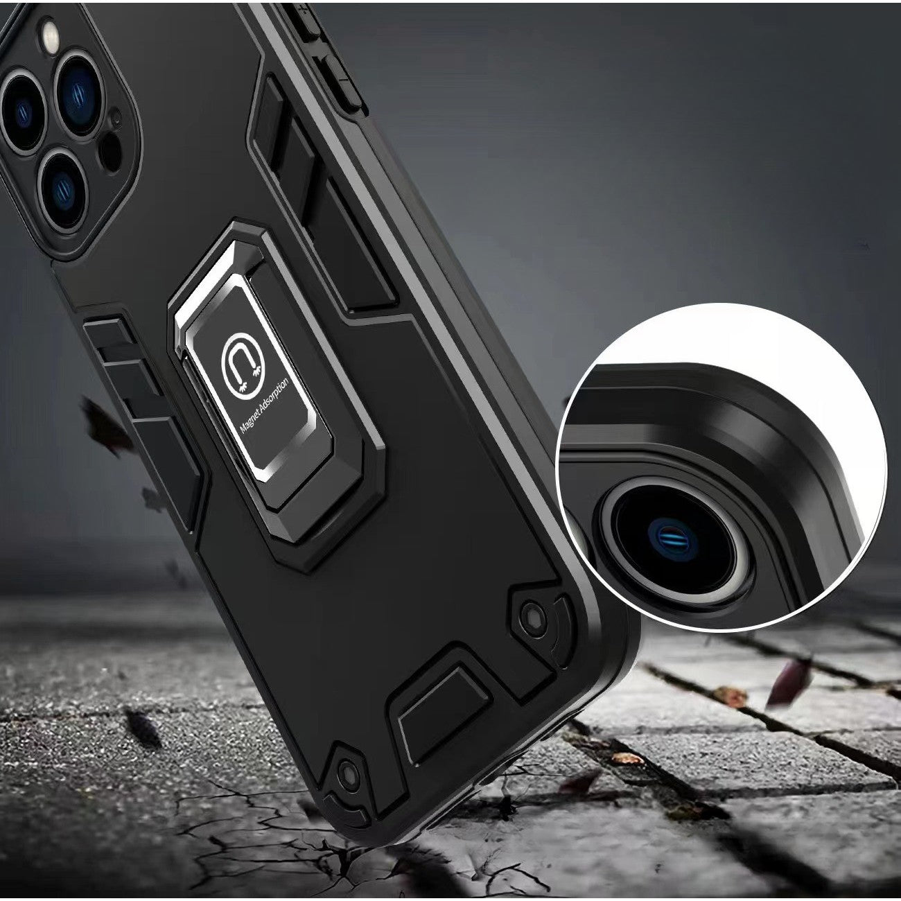 Husa Iron Warriors pentru iPhone 13 Pro, Flippy,  Hybrid Ring Holder Kickstand, Negru