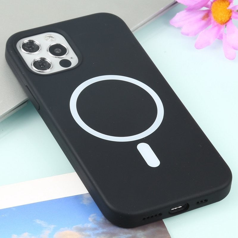 Husa MagSafe liquid large hole magnetic shell pentru Apple iPhone 12/ 12 Pro, Full Cover, Liquid Silicone, Magnetica, Incarcare Wireless, Flippy, Negru