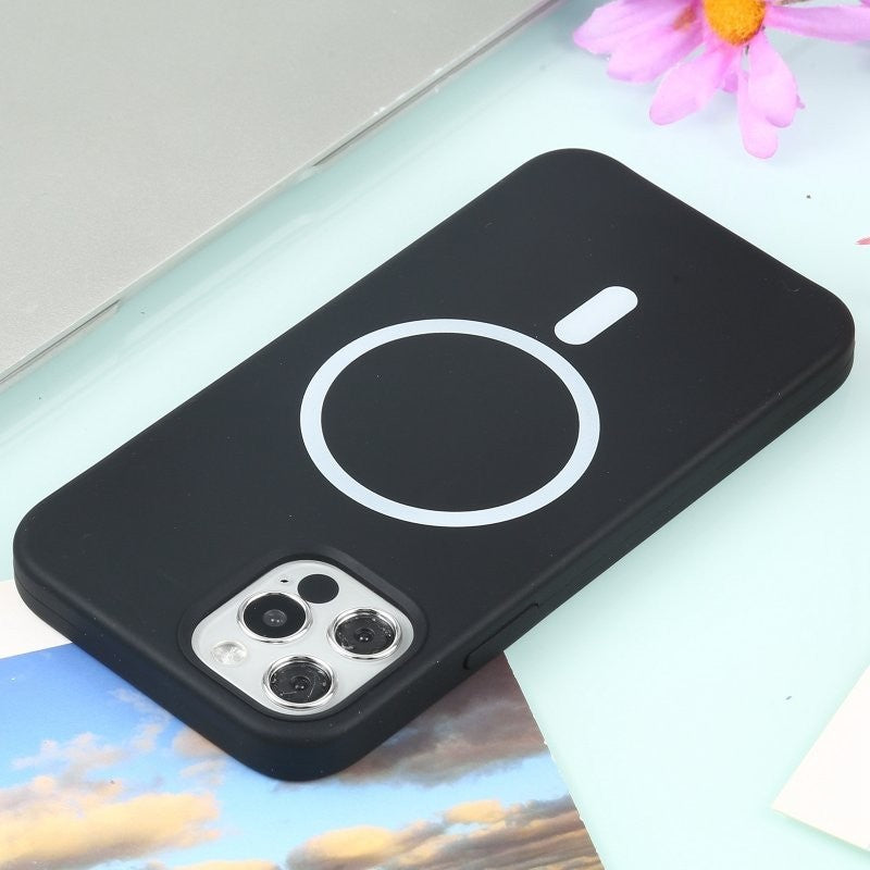 Husa MagSafe liquid large hole magnetic shell pentru Apple iPhone 12/ 12 Pro, Full Cover, Liquid Silicone, Magnetica, Incarcare Wireless, Flippy, Negru