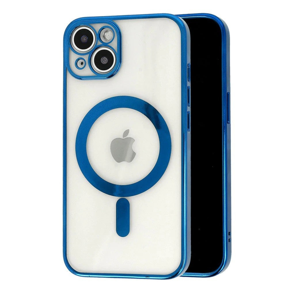 Husa MagSafe pentru Apple iPhone 13 Pro, Protectie camera, Full TPU, Margini colorate Electroplating, Magnetica, Incarcare Wireless, Albastru