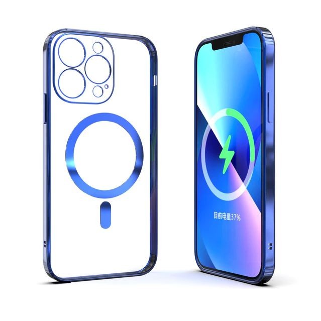 Husa MagSafe pentru Apple iPhone 14 Pro, Full Cover, Protectie camera, Margini colorate Electroplating, Magnetica, Incarcare Wireless, Albastru