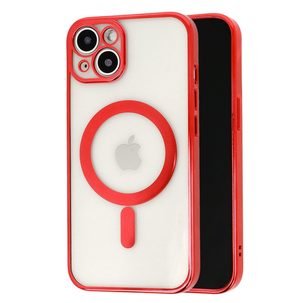 Husa MagSafe pentru Apple iPhone 14 Pro Max, Protectie camera, Full TPU, Margini colorate Electroplating, Magnetica, Incarcare Wireless, Rosu