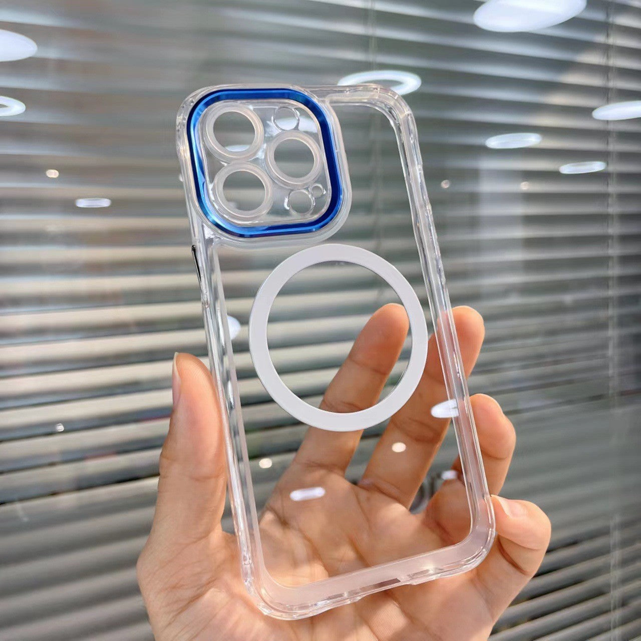 Husa MagSafe Silicone pentru iPhone 13 Pro Max, Flippy, Transparenta, Magnetica, Extra Protectie Camera Albastru