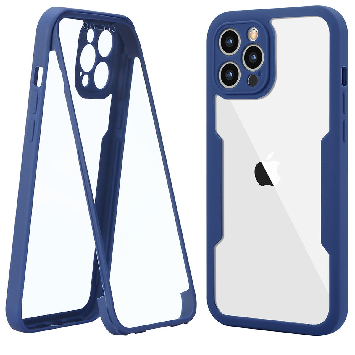 Husa Max Defence pentru iPhone 12, Bumper Albastru, Fata Dubla Transparenta, Protectie Antisoc Full 360 ( fata, spate, margini )