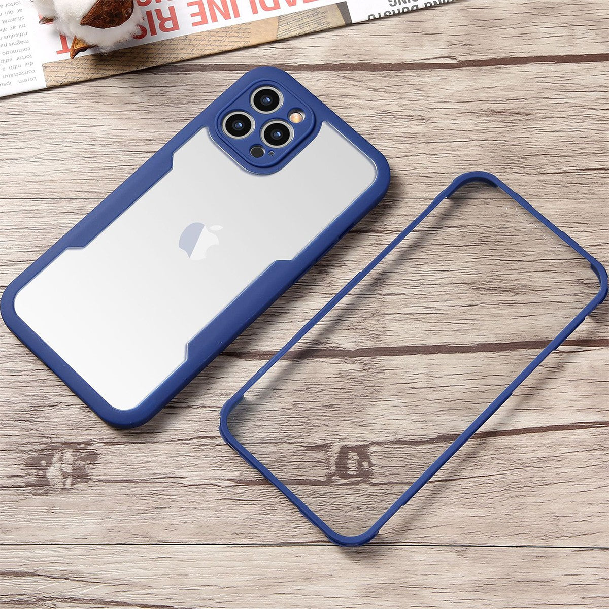 Husa Max Defence pentru iPhone 12, Bumper Albastru, Fata Dubla Transparenta, Protectie Antisoc Full 360 ( fata, spate, margini )