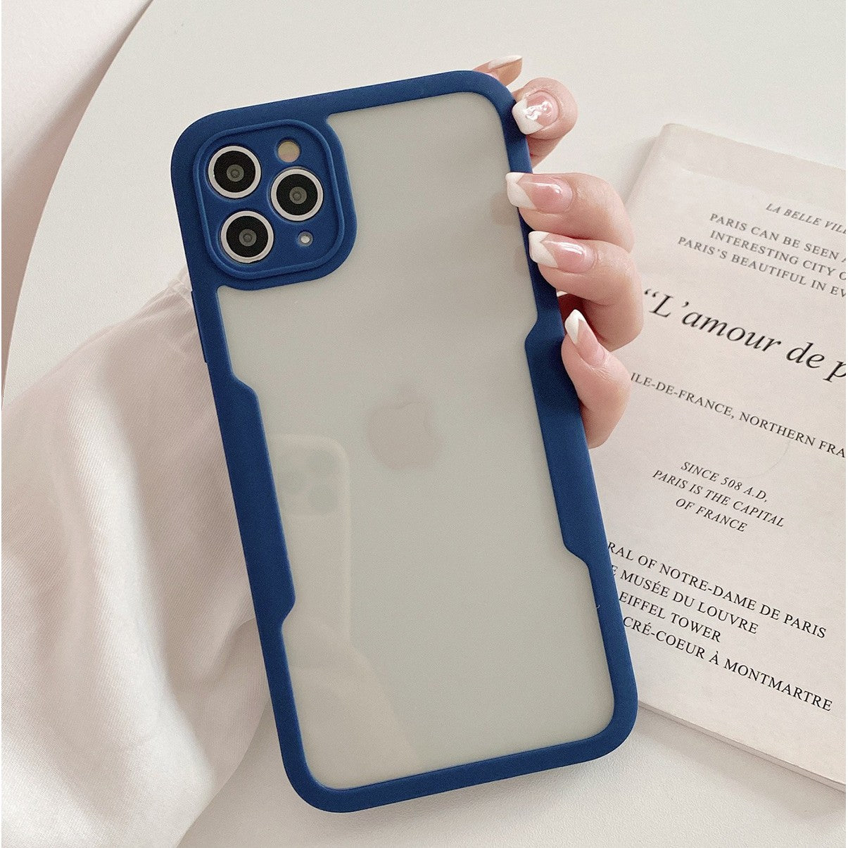 Husa Max Defence pentru iPhone 12, Bumper Albastru, Fata Dubla Transparenta, Protectie Antisoc Full 360 ( fata, spate, margini )