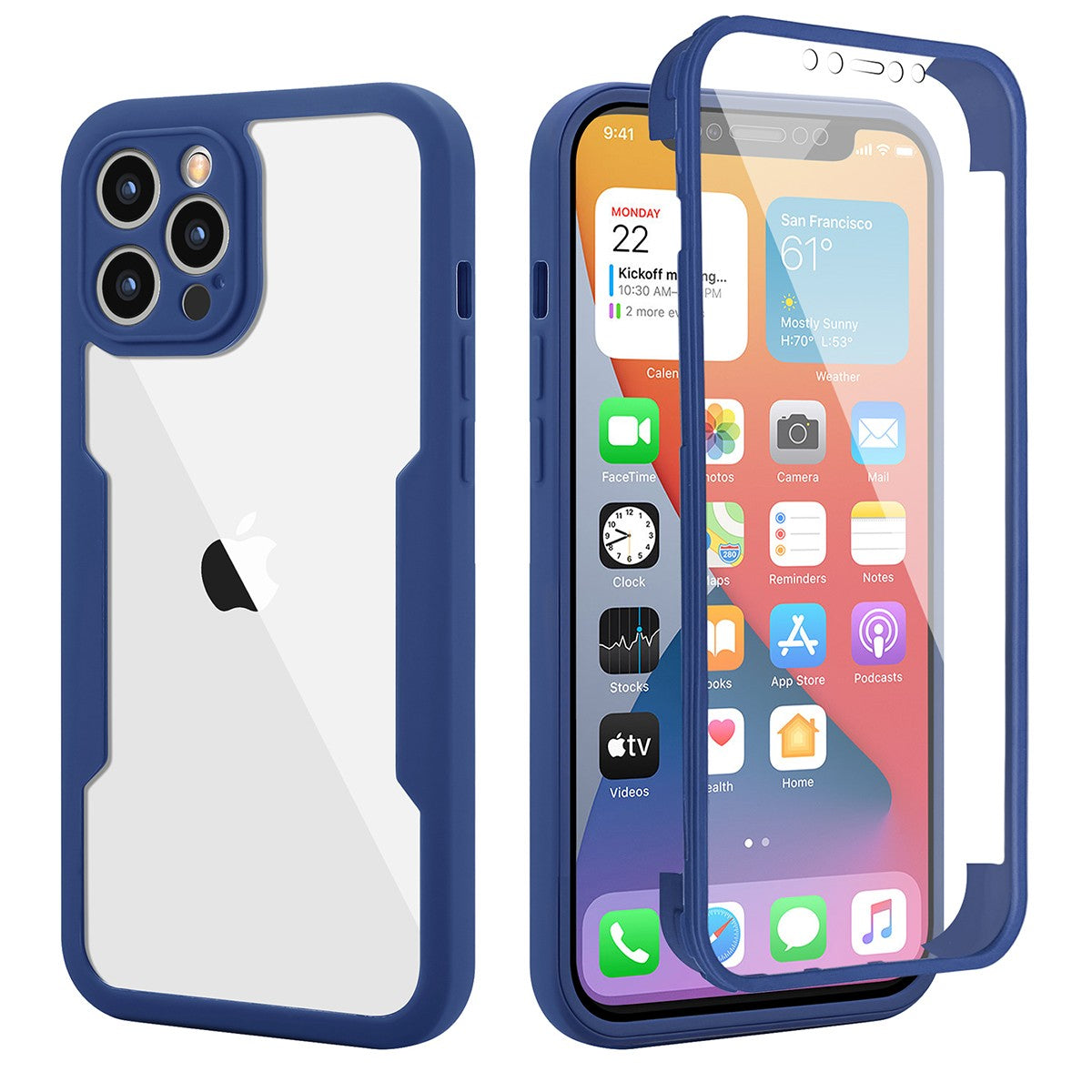 Husa Max Defence pentru iPhone 12, Bumper Albastru, Fata Dubla Transparenta, Protectie Antisoc Full 360 ( fata, spate, margini )