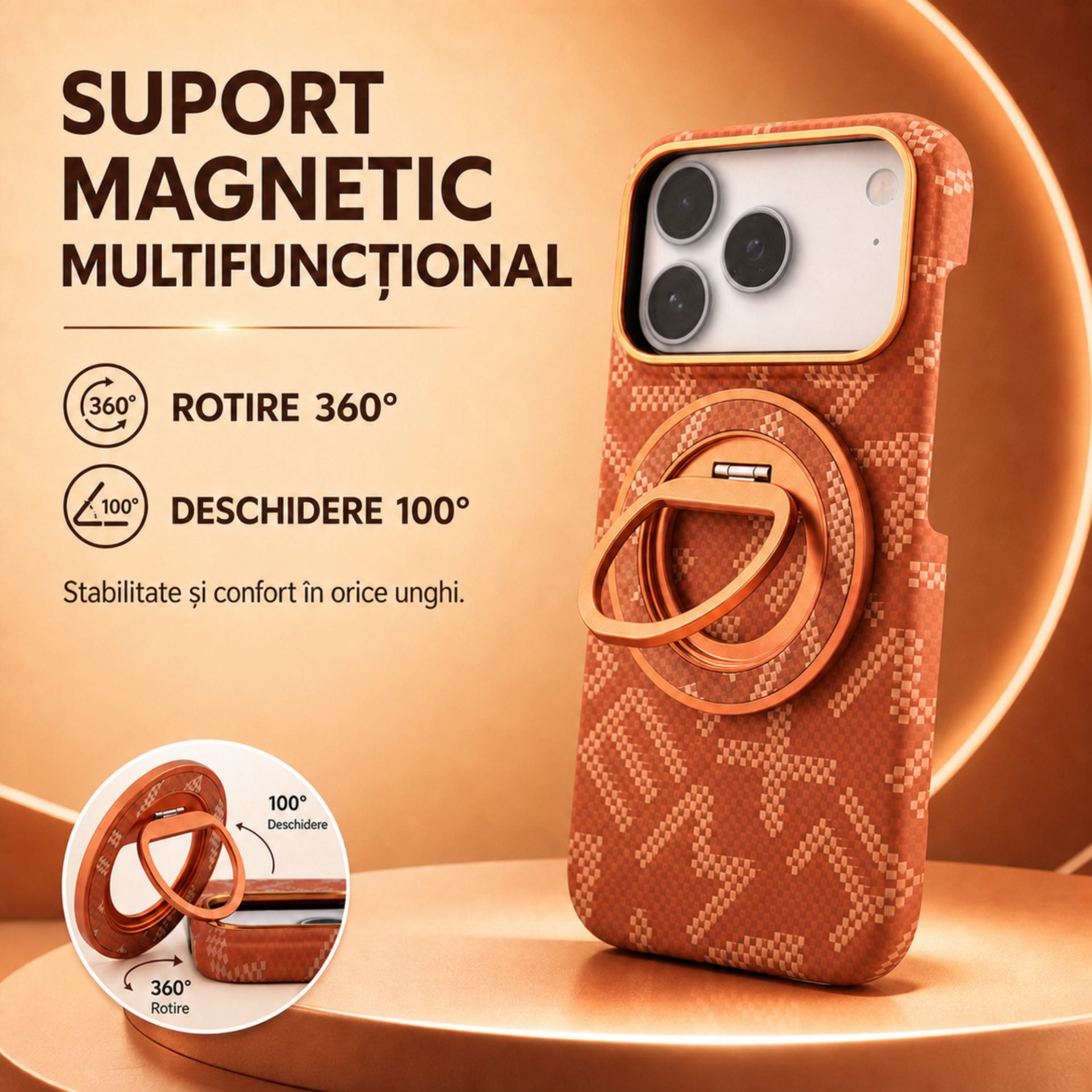 Husa pentru iPhone 17 Pro, Carcasa de Protectie Rezistenta Ultra-subtire, Suport Magnetic, Aspect Texturat, Portocaliu