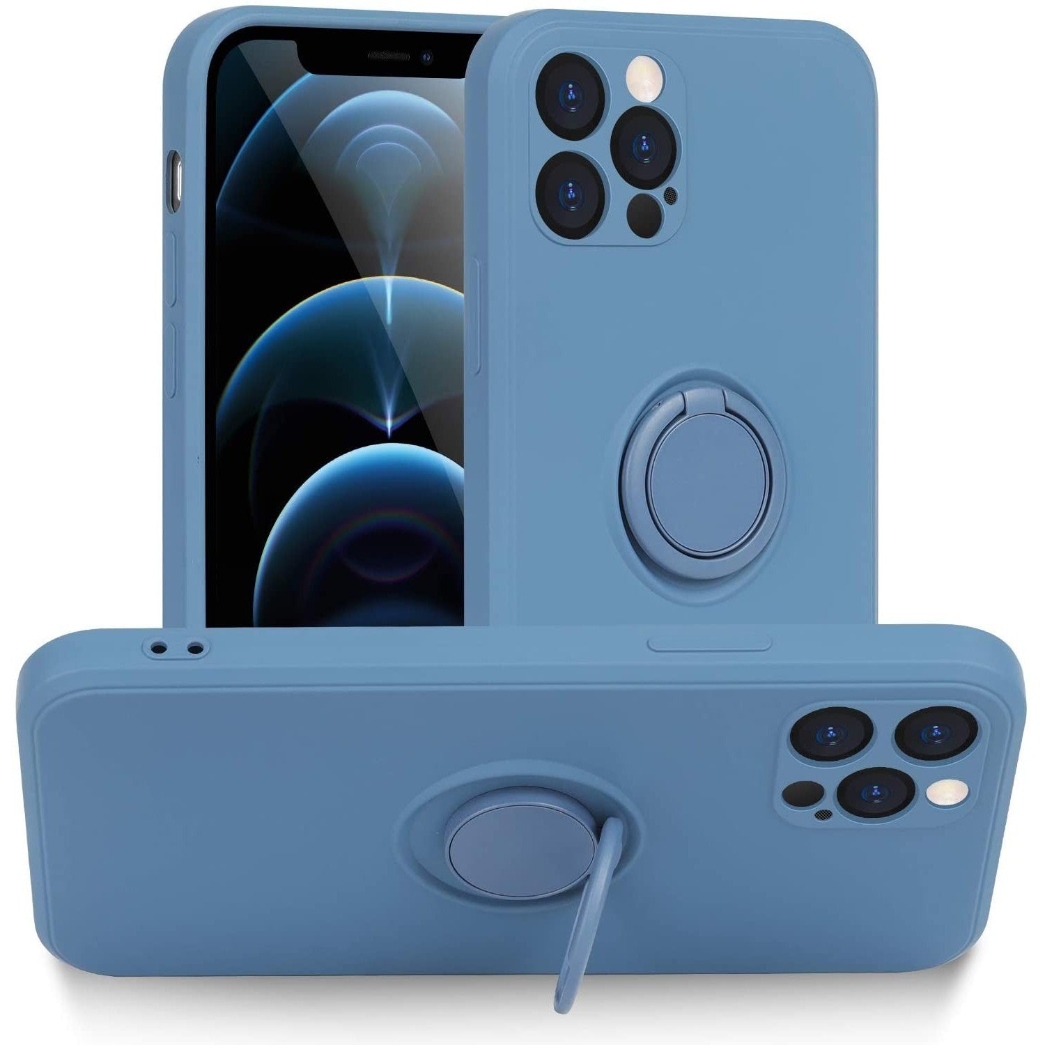 Husa protectie compatibila cu Apple iPhone 11 Pro Max Liquid Silicone Ring cu suport rotativ Albastru deschis
