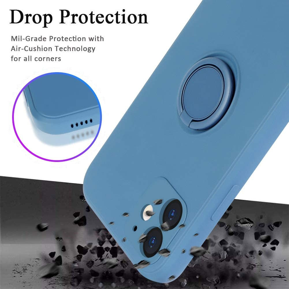 Husa protectie compatibila cu Apple iPhone 12 Liquid Silicone Ring cu suport rotativ Albastru