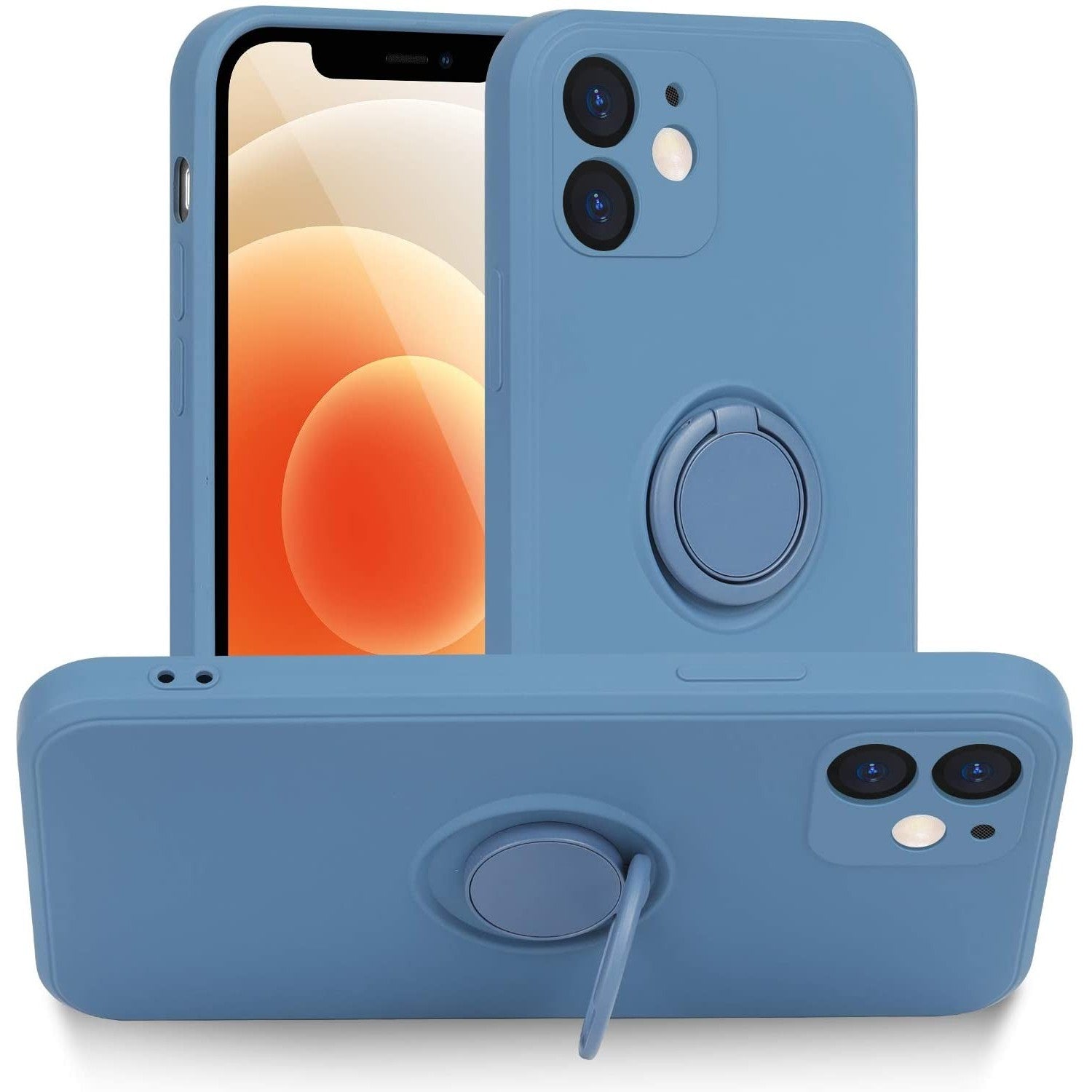 Husa protectie compatibila cu Apple iPhone 12 Liquid Silicone Ring cu suport rotativ Albastru
