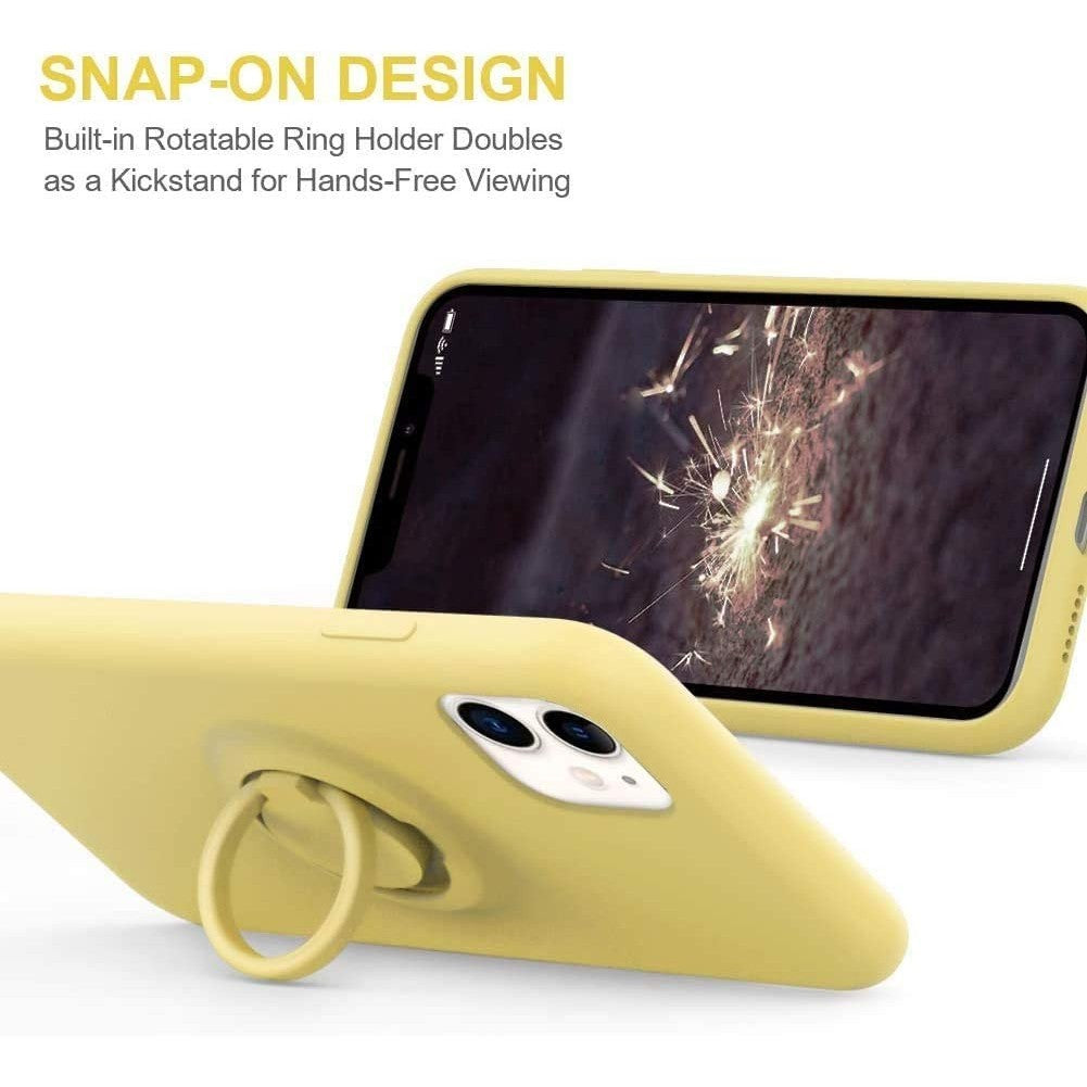 Husa protectie compatibila cu Apple iPhone 12 Liquid Silicone Ring cu suport rotativ Galben