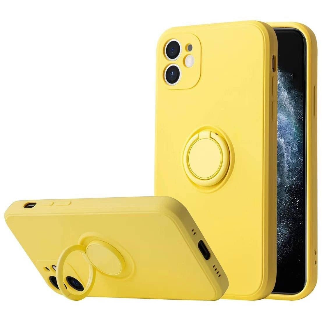 Husa protectie compatibila cu Apple iPhone 12 Liquid Silicone Ring cu suport rotativ Galben