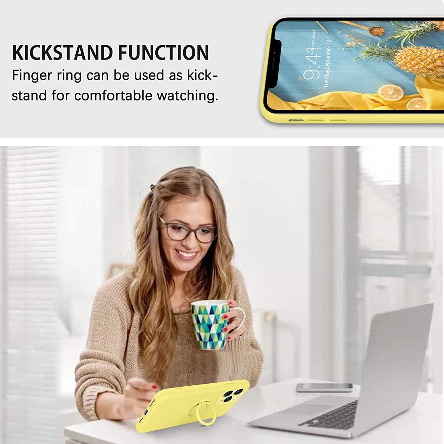 Husa protectie compatibila cu Apple iPhone 12 Liquid Silicone Ring cu suport rotativ Galben