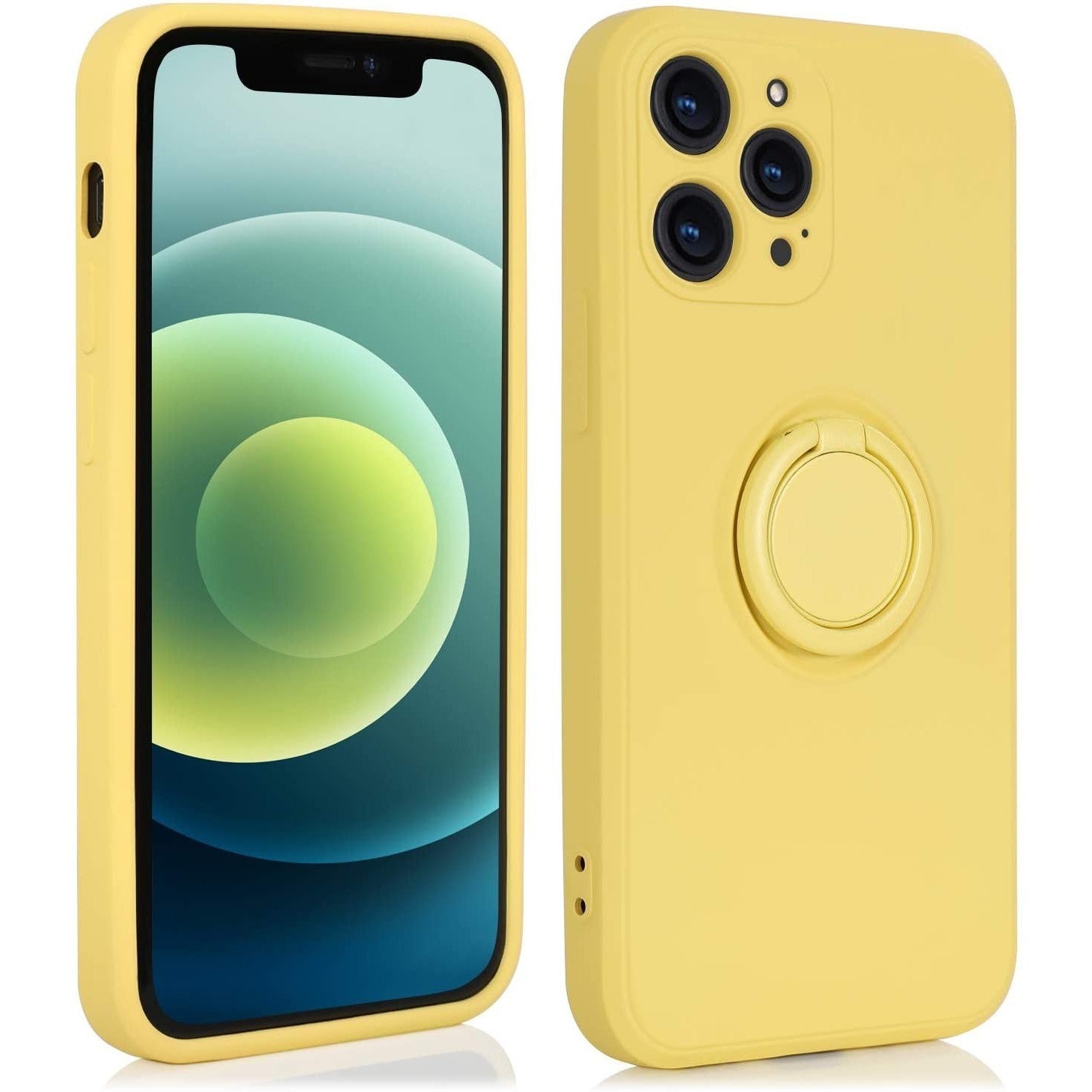 Husa protectie compatibila cu Apple iPhone 12 Liquid Silicone Ring cu suport rotativ Galben