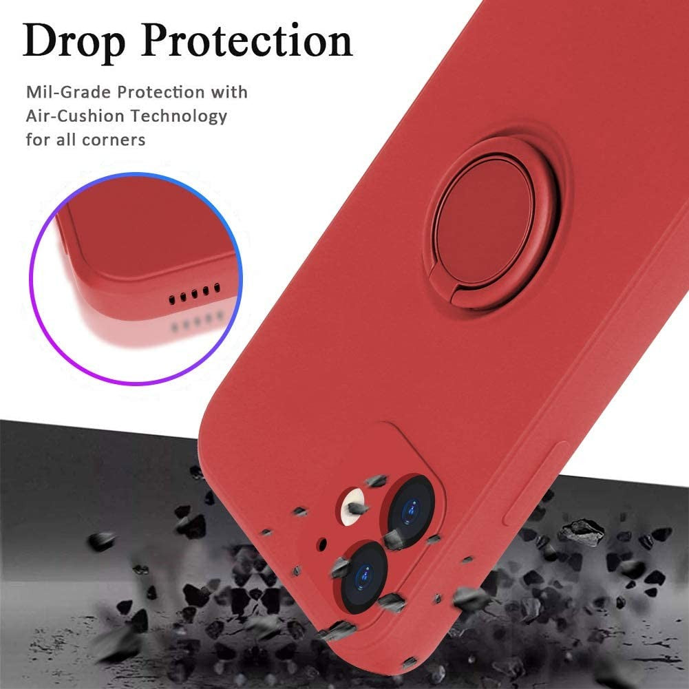 Husa protectie compatibila cu Apple iPhone 12 Liquid Silicone Ring cu suport rotativ Rosu