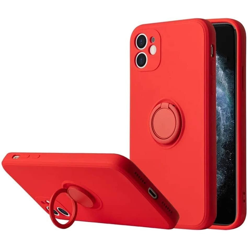 Husa protectie compatibila cu Apple iPhone 12 Liquid Silicone Ring cu suport rotativ Rosu