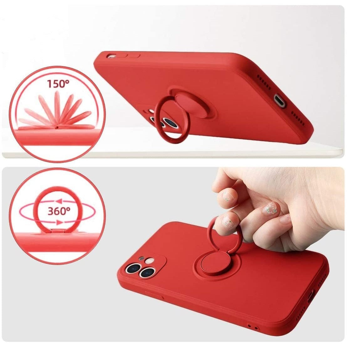 Husa protectie compatibila cu Apple iPhone 12 Liquid Silicone Ring cu suport rotativ Rosu