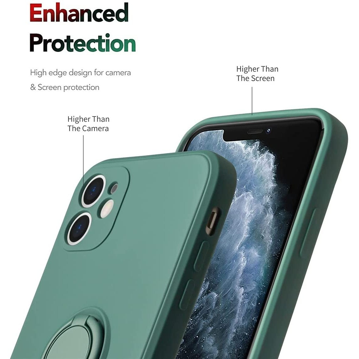 Husa protectie compatibila cu Apple iPhone 12 Liquid Silicone Ring cu suport rotativ Verde