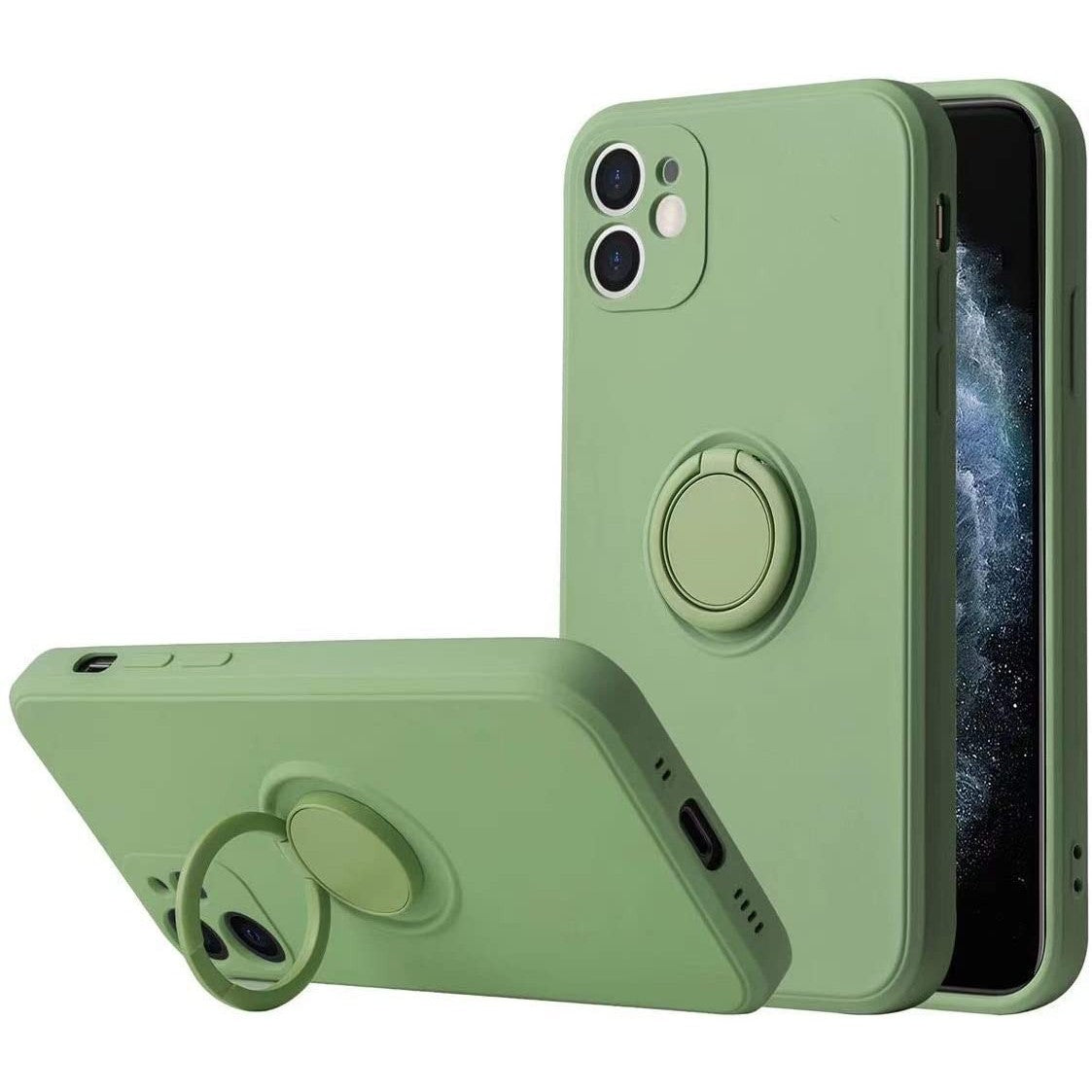 Husa protectie compatibila cu Apple iPhone 12 Liquid Silicone Ring cu suport rotativ Verde