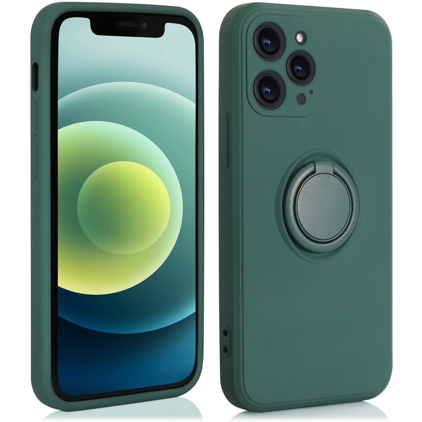 Husa protectie compatibila cu Apple iPhone 12 Liquid Silicone Ring cu suport rotativ Verde