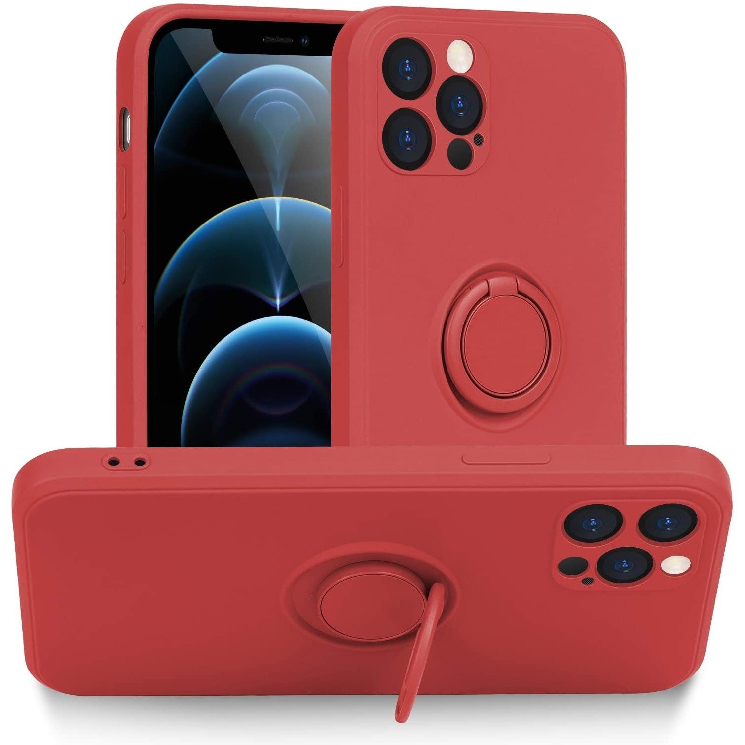 Husa protectie compatibila cu Apple iPhone 12 Pro Liquid Silicone Ring cu suport rotativ Rosu