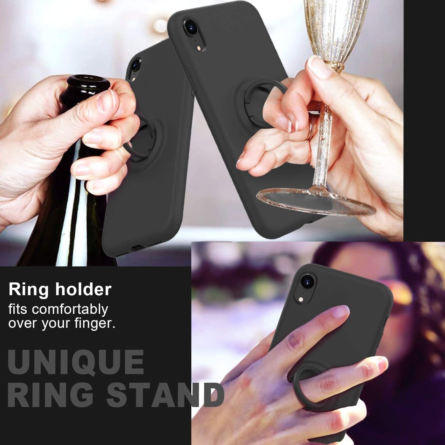 Husa protectie compatibila cu Apple iPhone XR Liquid Silicone Ring cu suport rotativ Negru