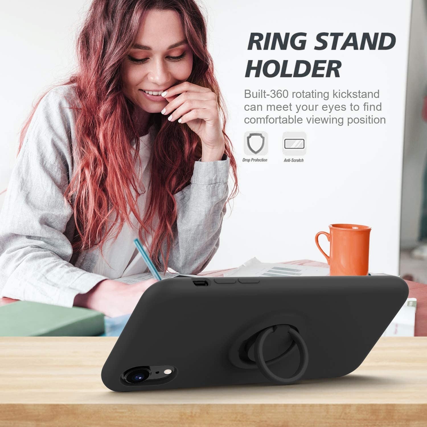 Husa protectie compatibila cu Apple iPhone XR Liquid Silicone Ring cu suport rotativ Negru