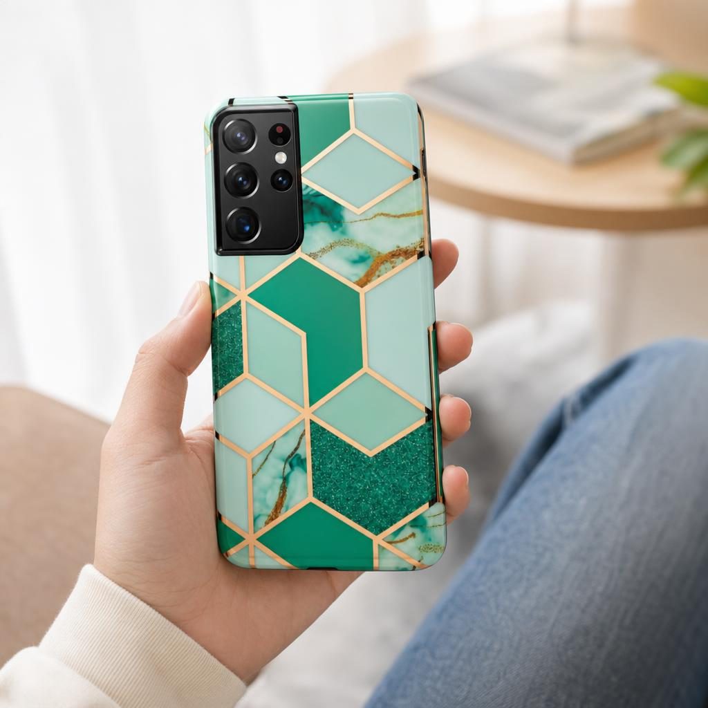 Husa protectie compatibila cu Samsung Galaxy S21 Ultra Soft IMD TPU Marble Geometric Verde