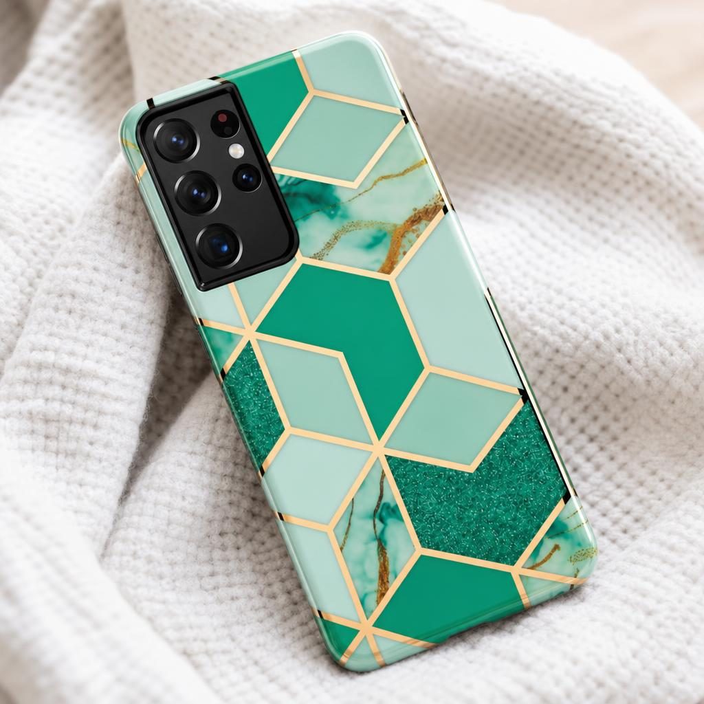 Husa protectie compatibila cu Samsung Galaxy S21 Ultra Soft IMD TPU Marble Geometric Verde