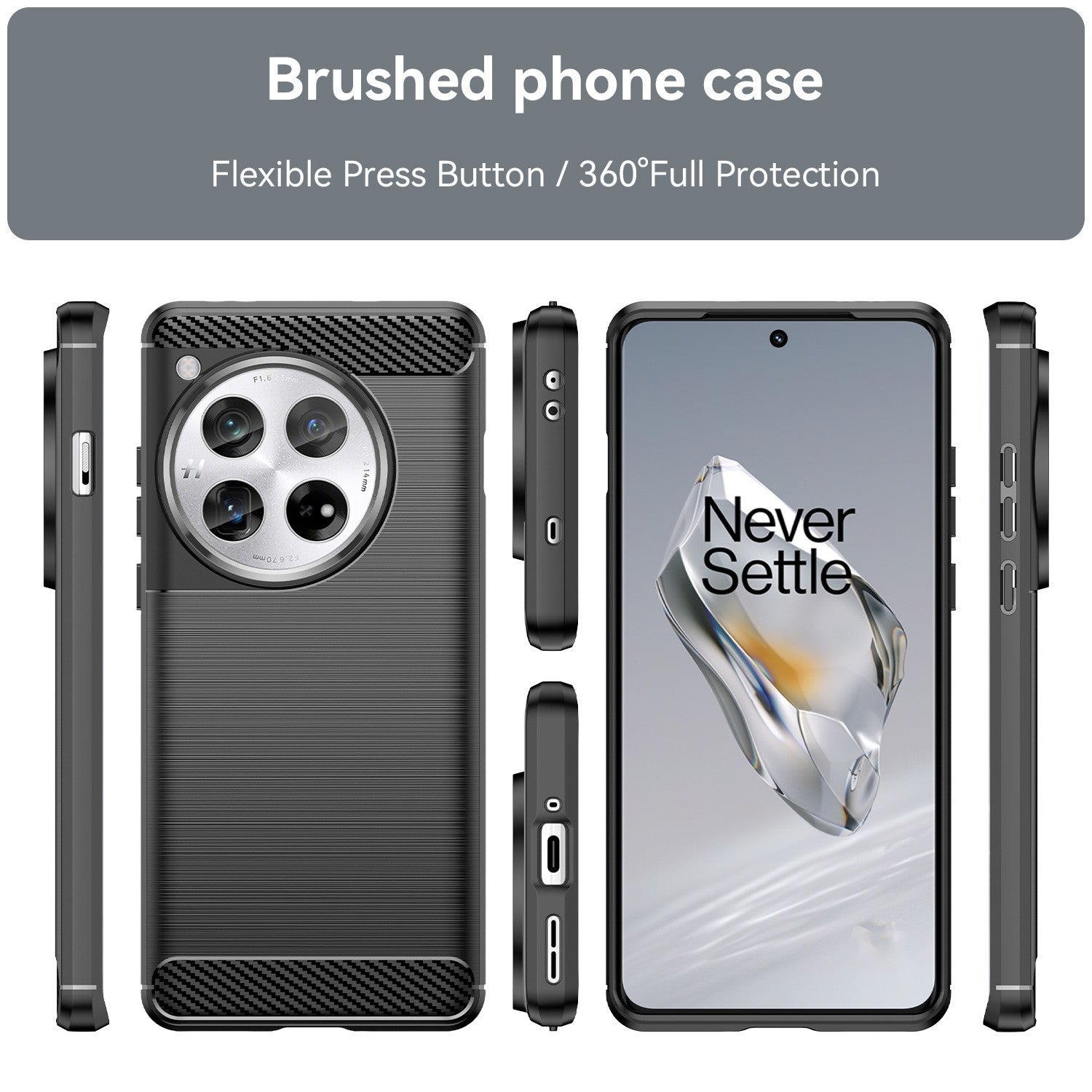 Husa de Protectie pentru OnePlus 12, Protectie 360, din TPU cu element de Carbon, Anti Alunecare, 1.8 mm, Negru