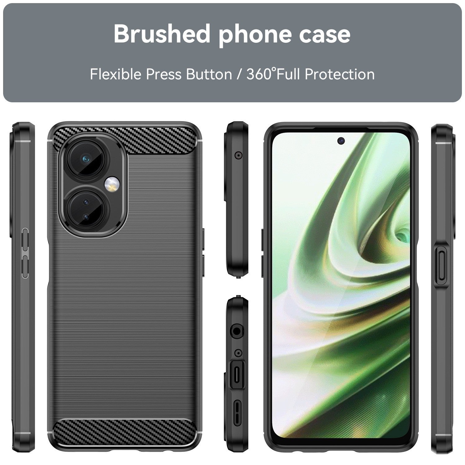 Husa Protectie pentru OnePlus Nord CE2 Lite 5G, din Silicon TPU Moale, Textura Periat, Anti Cadere, cu Element Carbon, Negru
