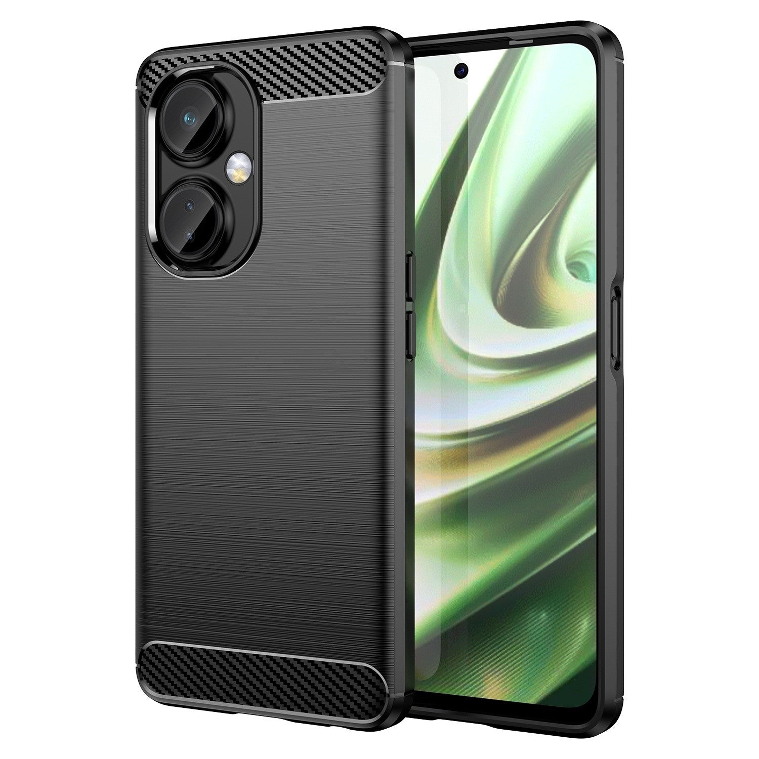 Husa Protectie pentru OnePlus Nord CE2 Lite 5G, din Silicon TPU Moale, Textura Periat, Anti Cadere, cu Element Carbon, Negru