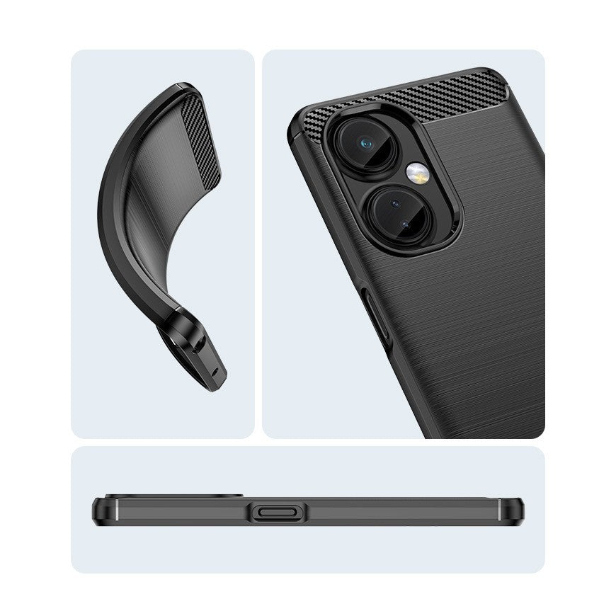 Husa Protectie pentru OnePlus Nord CE2 Lite 5G, din Silicon TPU Moale, Textura Periat, Anti Cadere, cu Element Carbon, Negru