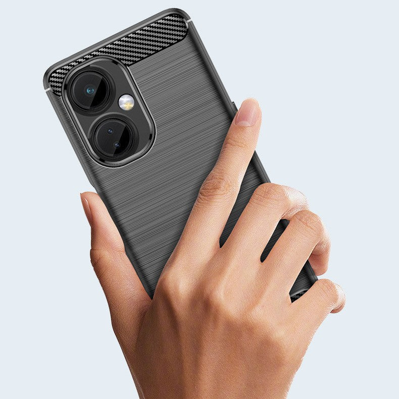 Husa Protectie pentru OnePlus Nord CE2 Lite 5G, din Silicon TPU Moale, Textura Periat, Anti Cadere, cu Element Carbon, Negru